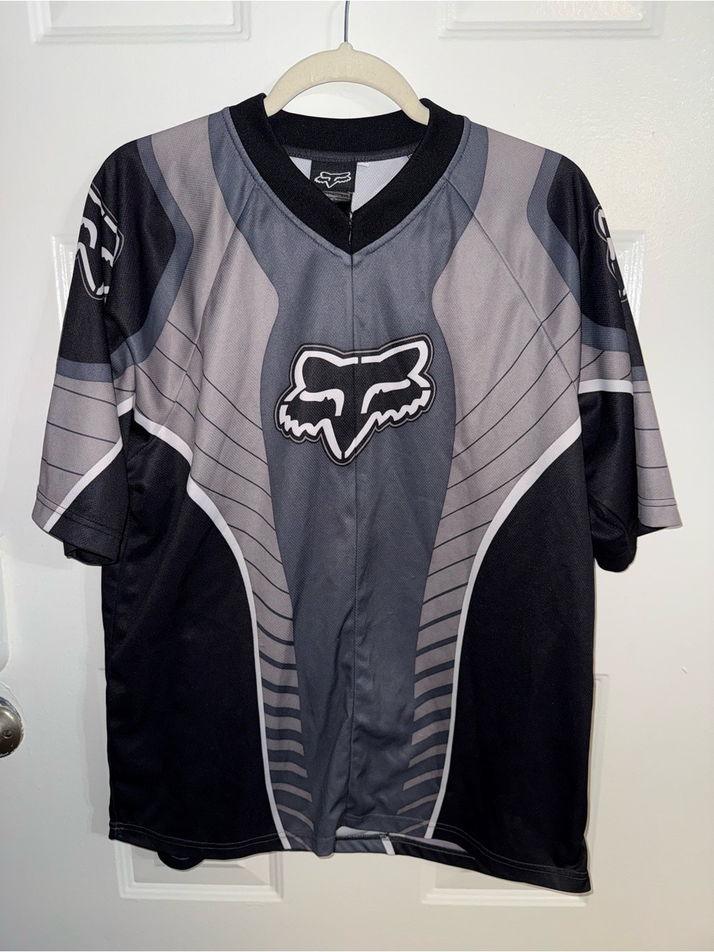 Fox Men’s Gray and Black Short Sleeve Jersey with White Logo